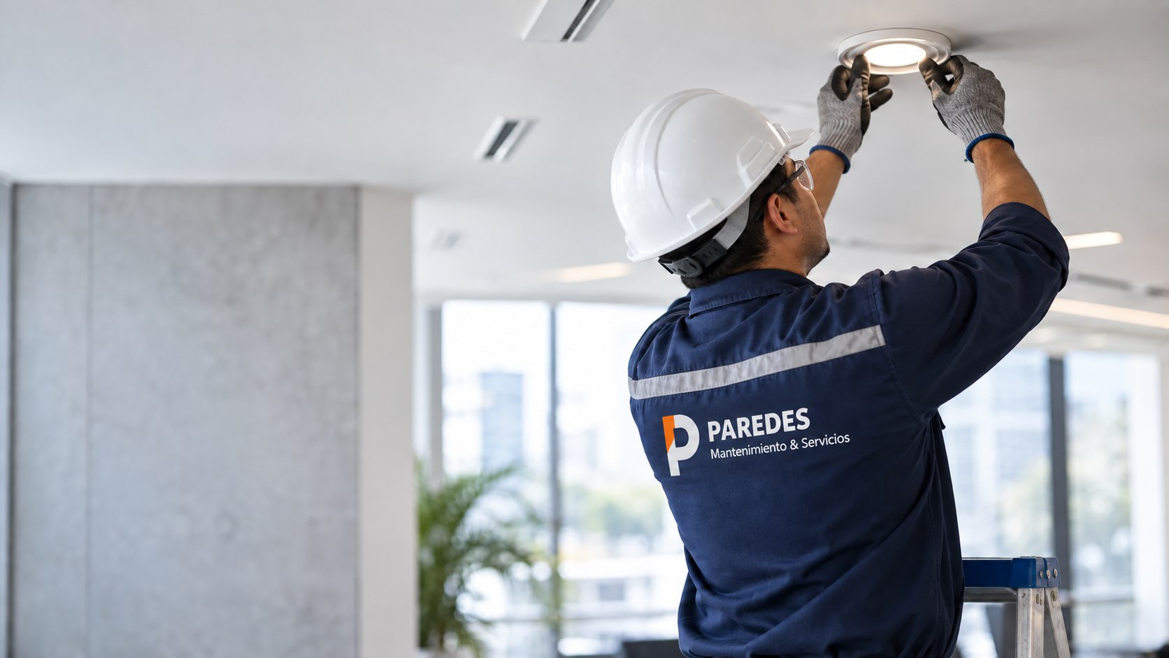 Técnico PAREDES instalando una luminaria con el uniforme de la empresa