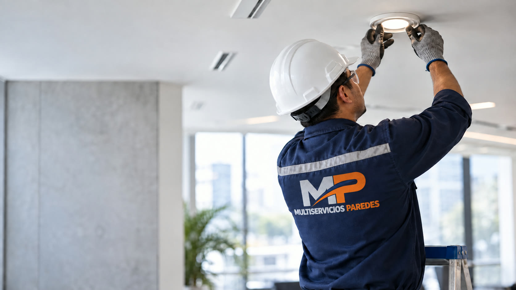 Técnico de Multiservicios Paredes instalando una luminaria con el nuevo logo en su uniforme