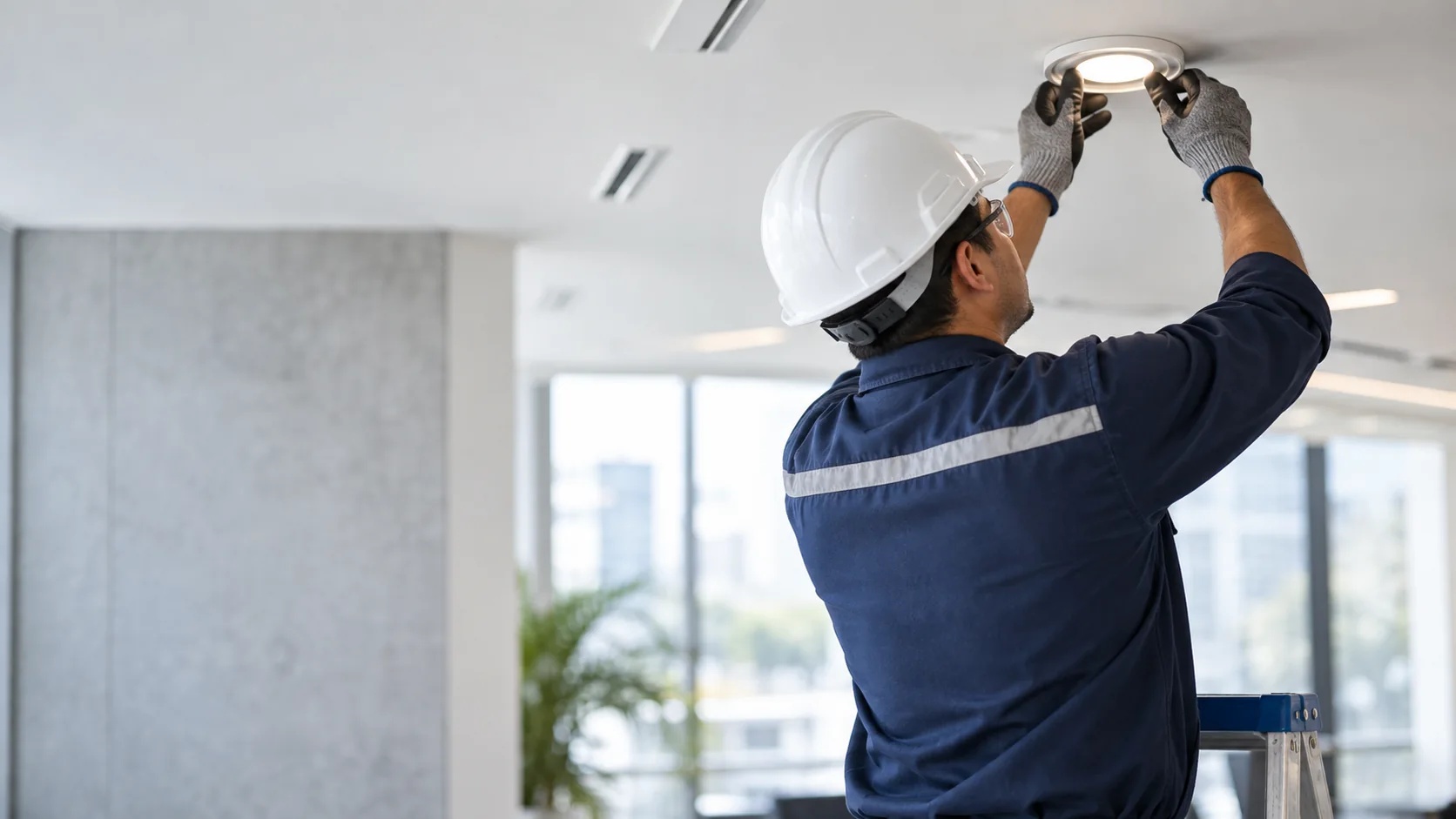 Técnico de mantenimiento instalando una luminaria en un espacio comercial