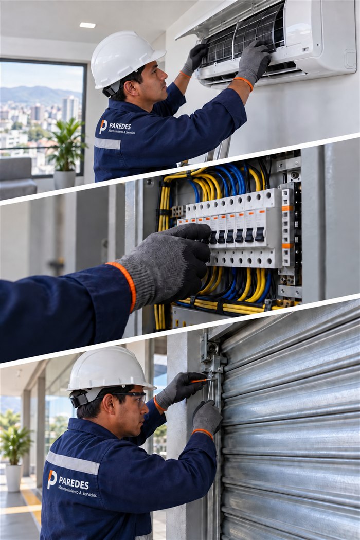Técnicos PAREDES atendiendo aire acondicionado, instalación eléctrica y puerta enrollable