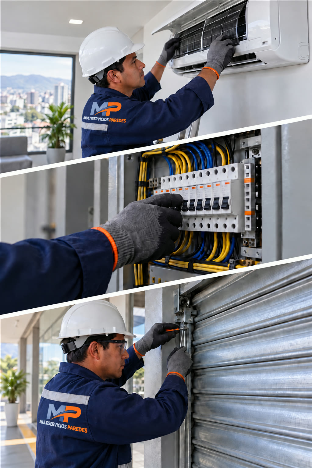 Técnicos de Multiservicios Paredes atendiendo aire acondicionado, instalación eléctrica y puerta enrollable