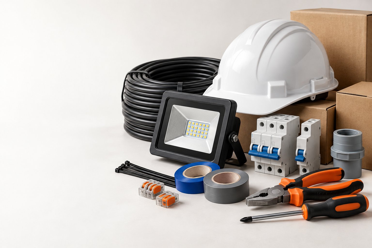 Casco de seguridad, luminaria y materiales eléctricos disponibles como suministros
